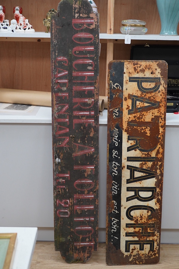 Two French advertising signs; a painted wood sign, width 157cm, and a painted steel sign, width 125cm. Condition - poor, general surface rust and paint loss.